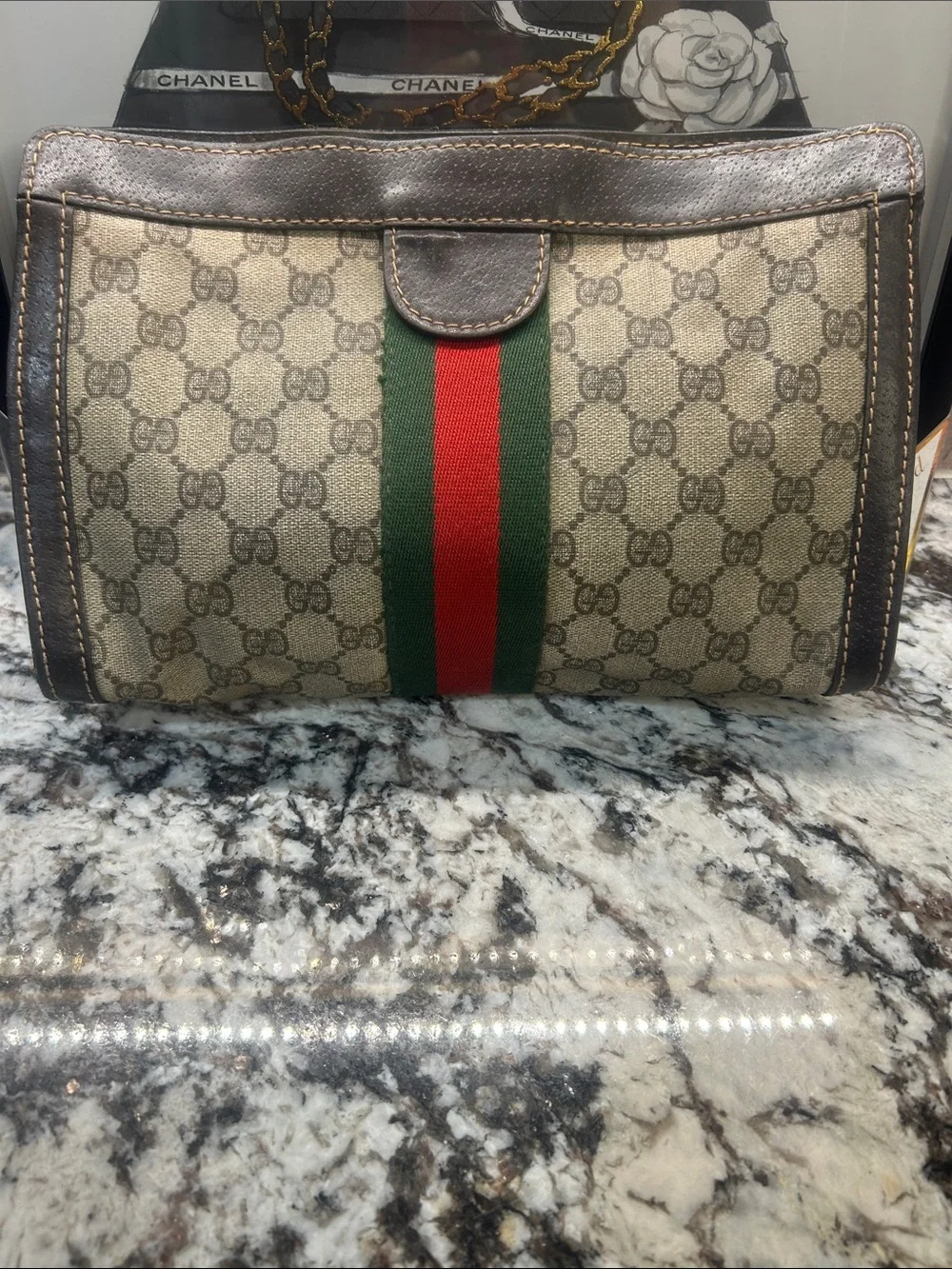 Gucci Brown GG Canvas Toiletry Bag with Green & Red Stripe
